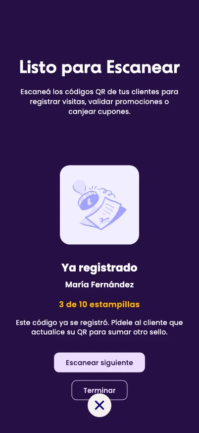 El aviso Ya registrado, con 3 de 10 estampillas en amarillo