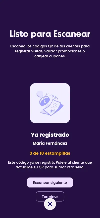 El aviso Ya registrado, con 3 de 10 estampillas en amarillo