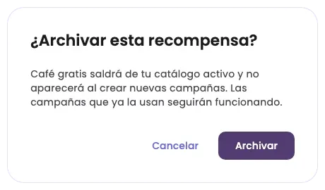 The Archive this reward? prompt, with the Cancel and Archive buttons