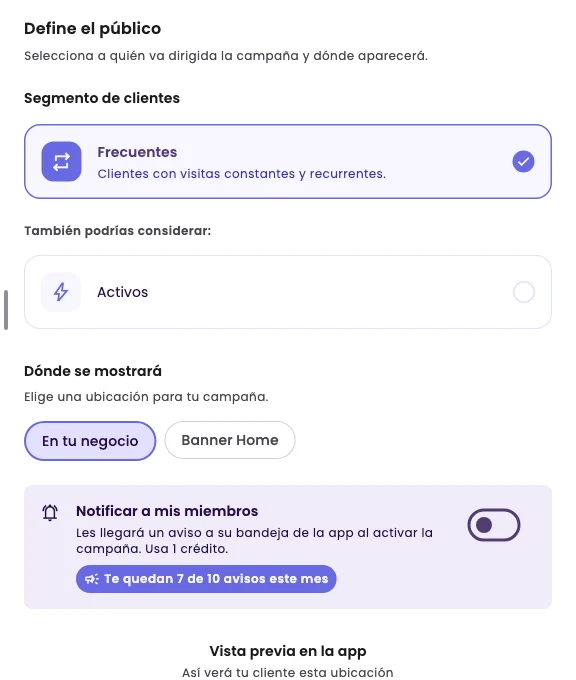 The Audience step with the Frequent segment, the placements and the Notify my members option
