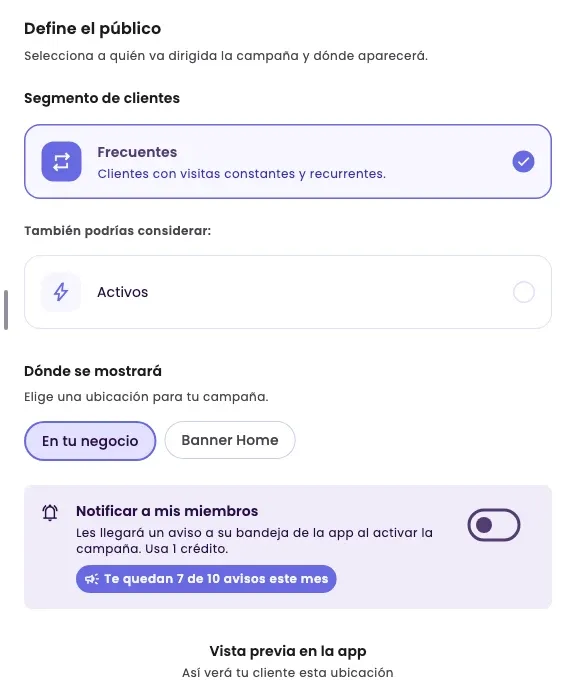 The Audience step with the Frequent segment, the placements and the Notify my members option