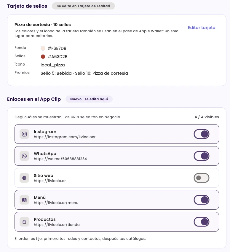The Stamp card and Links in the App Clip sections, with 4 of 4 links visible