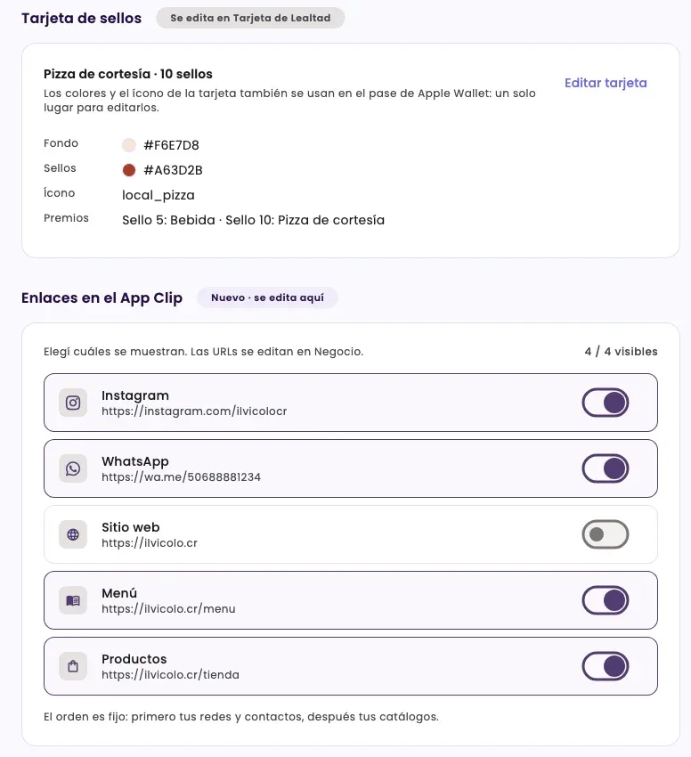 The Stamp card and Links in the App Clip sections, with 4 of 4 links visible