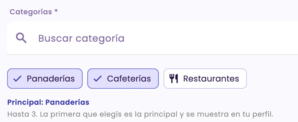 The Categories field with two categories selected and the main one shown below