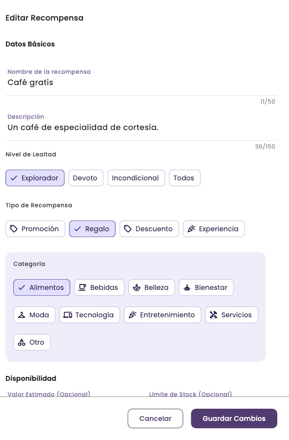 The Edit Reward panel with the Café gratis details and the Save Changes button