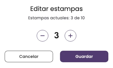 La ventana Editar estampas con 3 de 10 estampas y los botones − y +