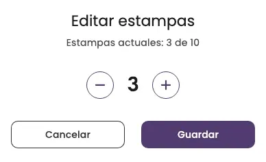 La ventana Editar estampas con 3 de 10 estampas y los botones − y +
