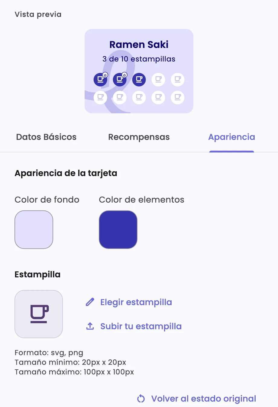 The Appearance tab, with the card's colors and stamp