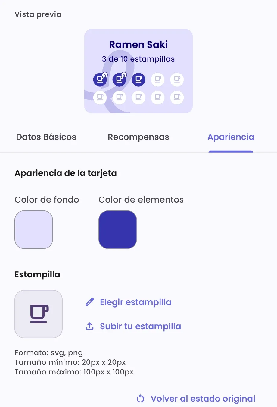 The Appearance tab, with the card's colors and stamp
