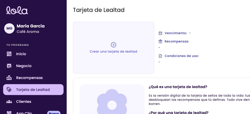 The Loyalty Card page with no cards, showing Create a loyalty card