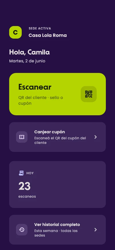 The Lola Business home screen with the Scan and Redeem coupon buttons