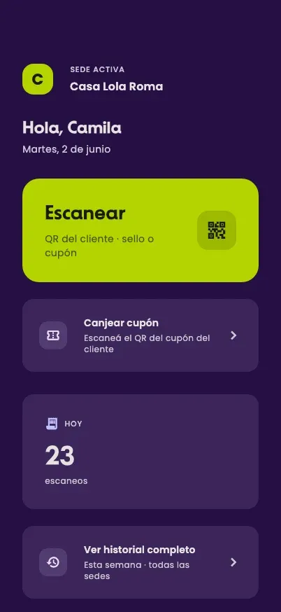 The Lola Business home screen with the Scan and Redeem coupon buttons