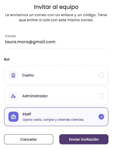 The Invite to the team window, with the email, the three roles and Staff selected