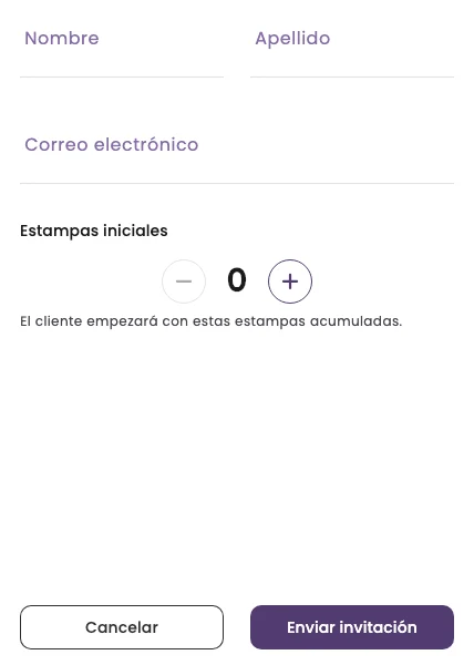 El formulario para invitar a un cliente, con nombre, apellido, correo y estampas iniciales