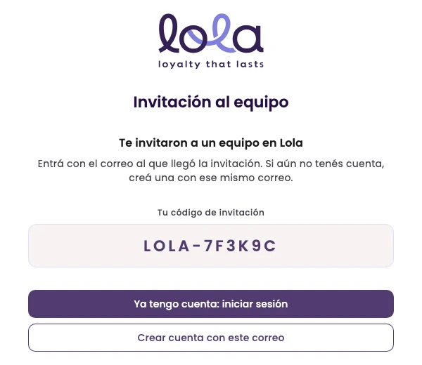 The Team invite page with the invite code and the buttons to sign in or create an account