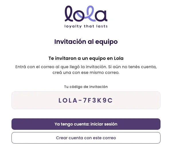 The Team invite page with the invite code and the buttons to sign in or create an account