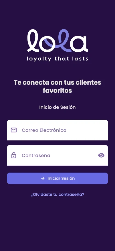 The Lola Business sign-in screen, with the email and password fields
