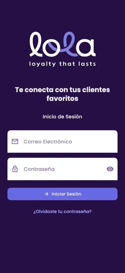 The Lola Business sign-in screen, with the email and password fields