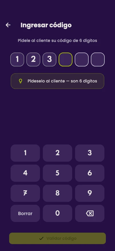 The Enter code screen, with the 6 boxes, the keypad and the Validate code button