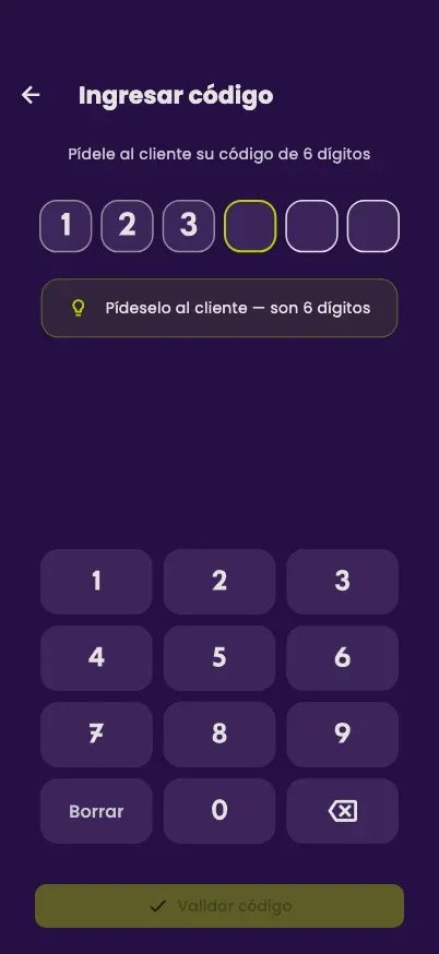 The Enter code screen, with the 6 boxes, the keypad and the Validate code button