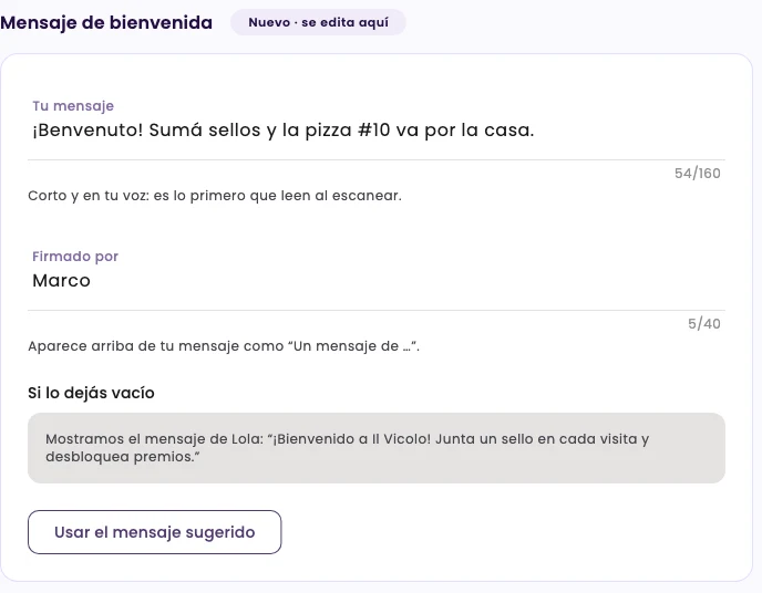 The Welcome message section with a message written and signed by Marco