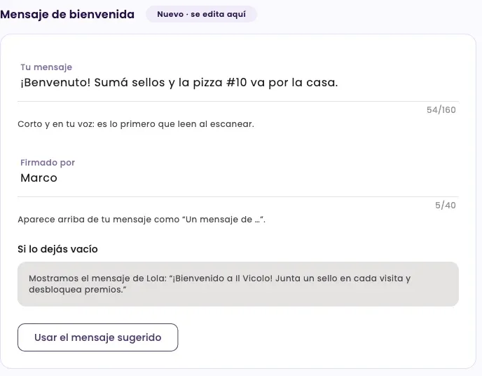 The Welcome message section with a message written and signed by Marco