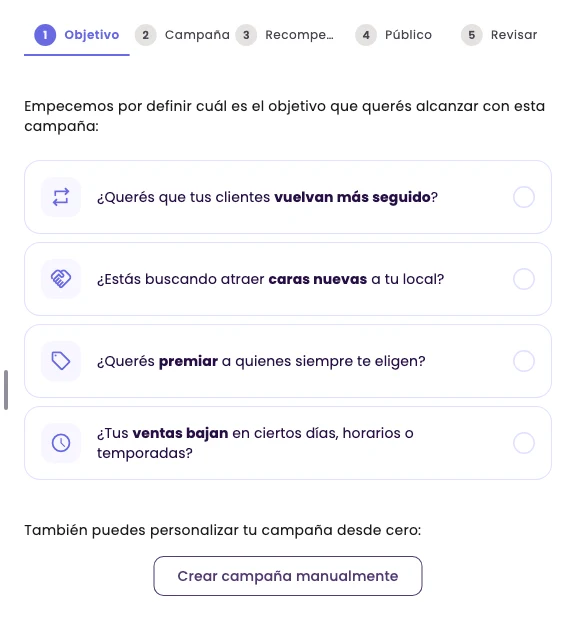 The wizard's Objective step, with four objectives and the Create campaign manually button