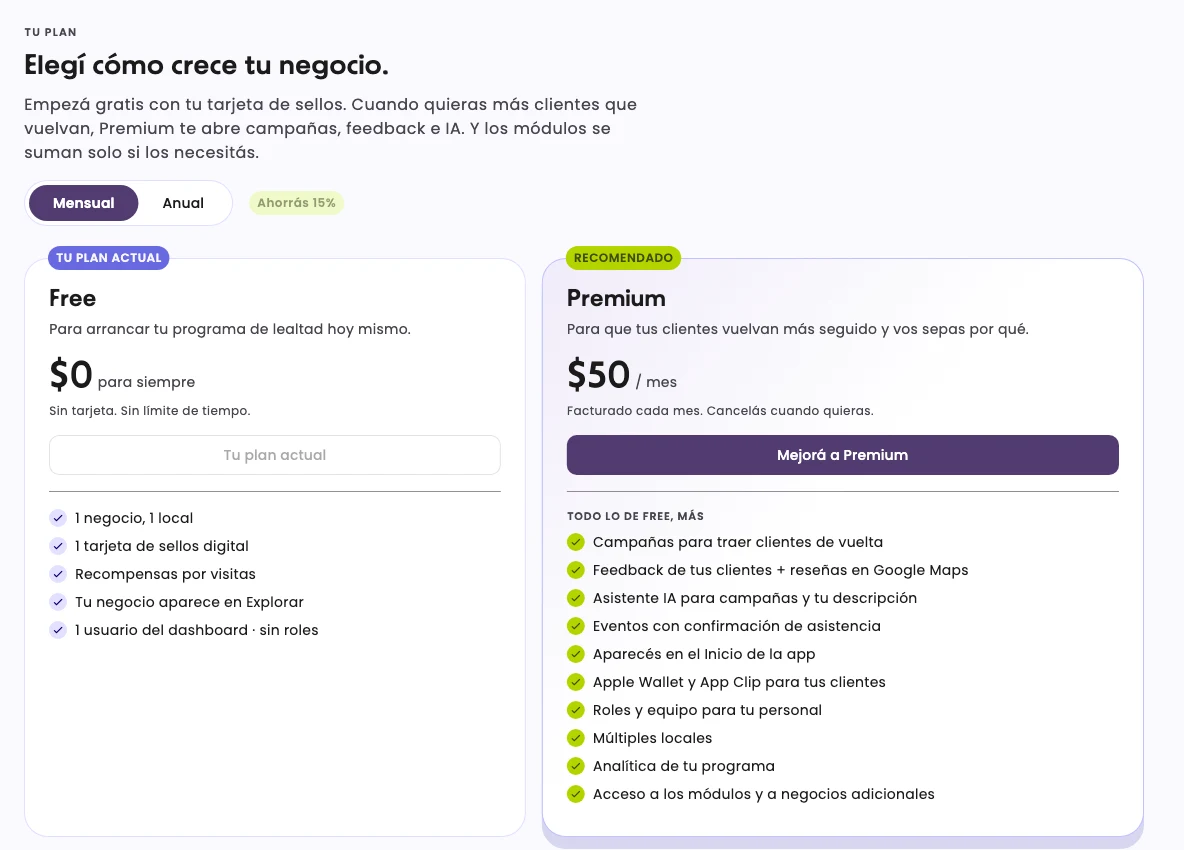 The Free and Premium plan cards, with what each one includes