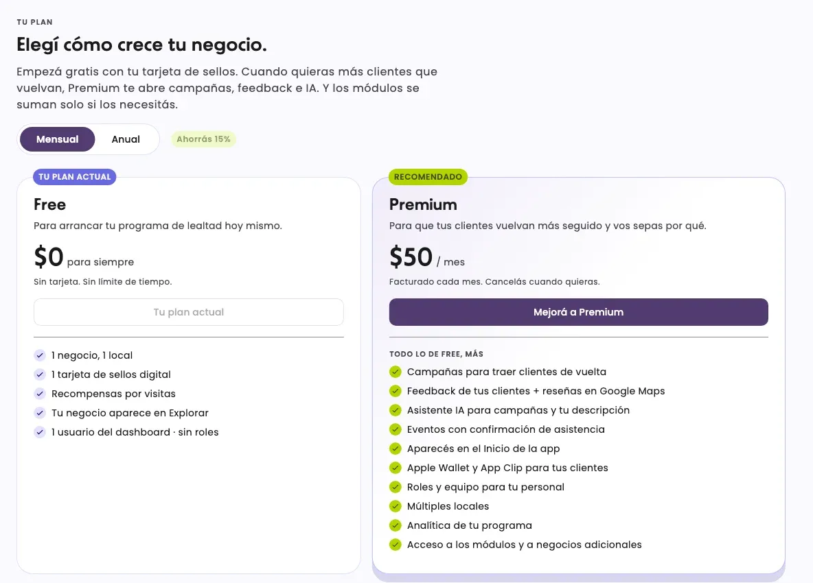 The Free and Premium plan cards, with what each one includes