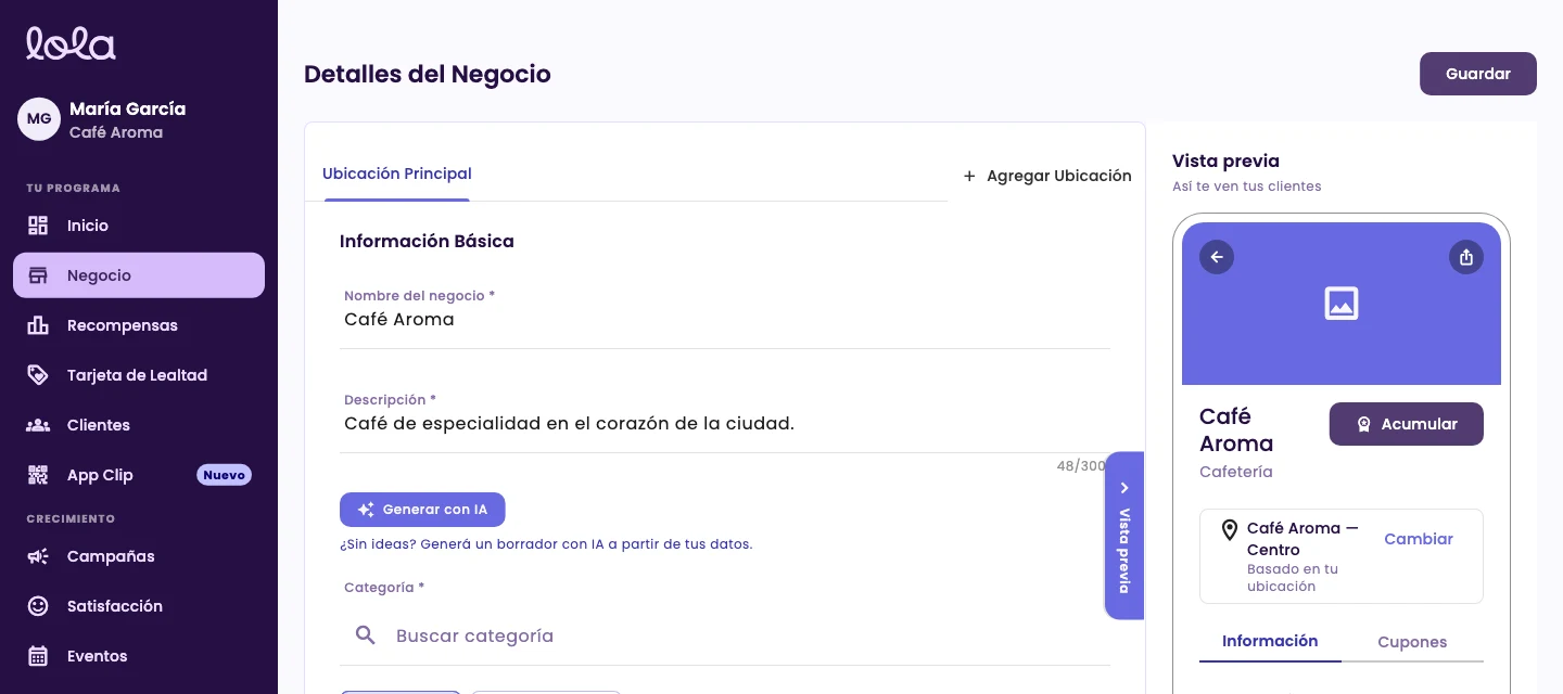 Business Details, with the form, the preview and the Save button