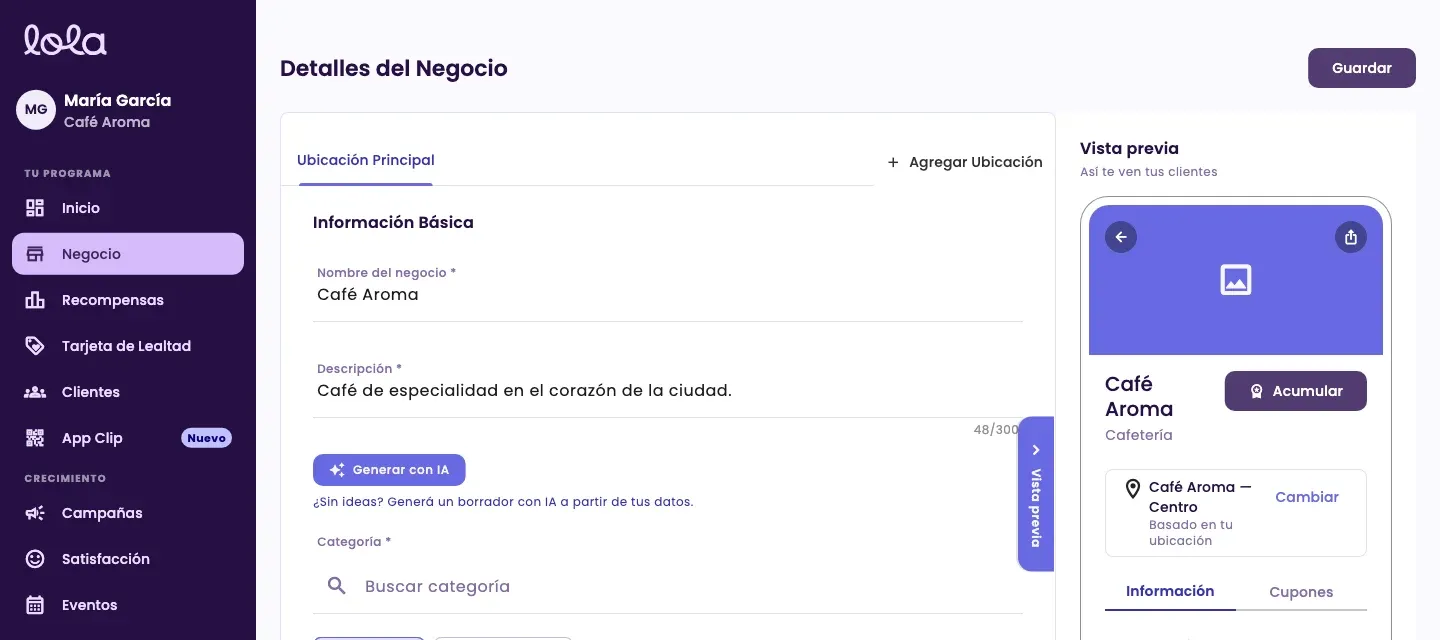 Business Details, with the form, the preview and the Save button