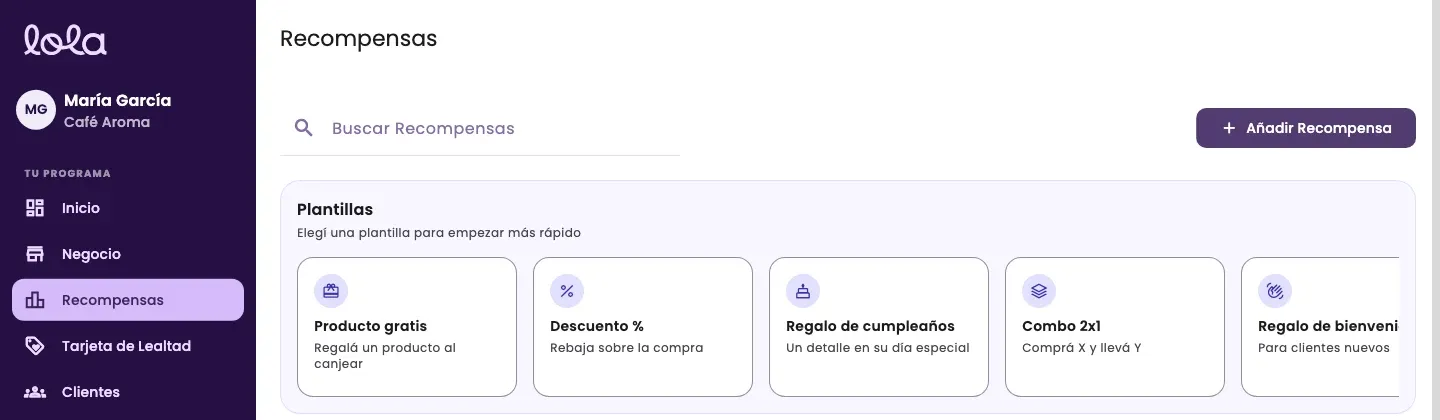 The Rewards page with the search box, the Add Reward button and the Templates section