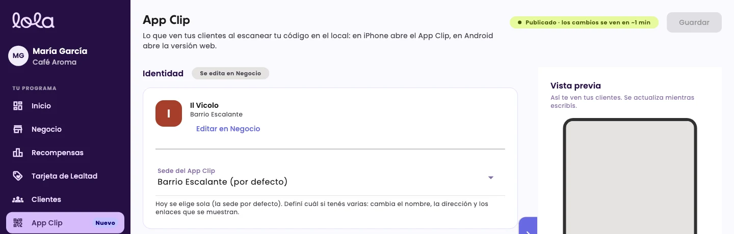 The App Clip page with the Identity section, the location picker and the preview