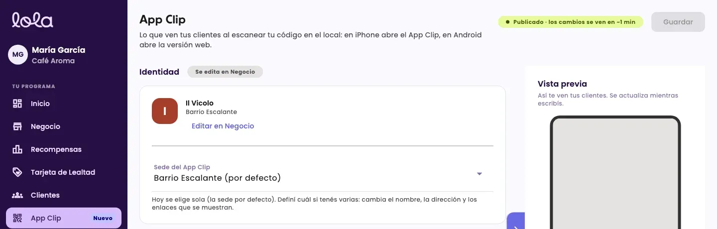 The App Clip page with the Identity section, the location picker and the preview