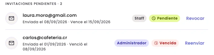 Two invites: a Pending one with Revoke and an Expired one with Resend