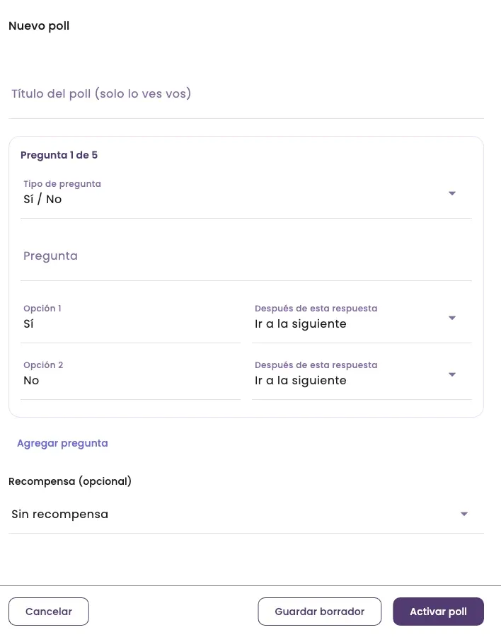 The New poll panel with the title, a first Yes / No question, its skips and the reward