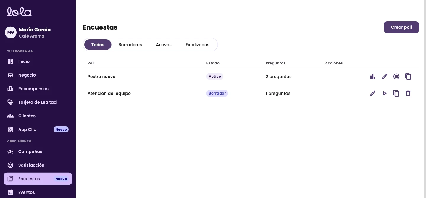 The Polls page with the filters, the Create poll button and two polls, one active and one draft