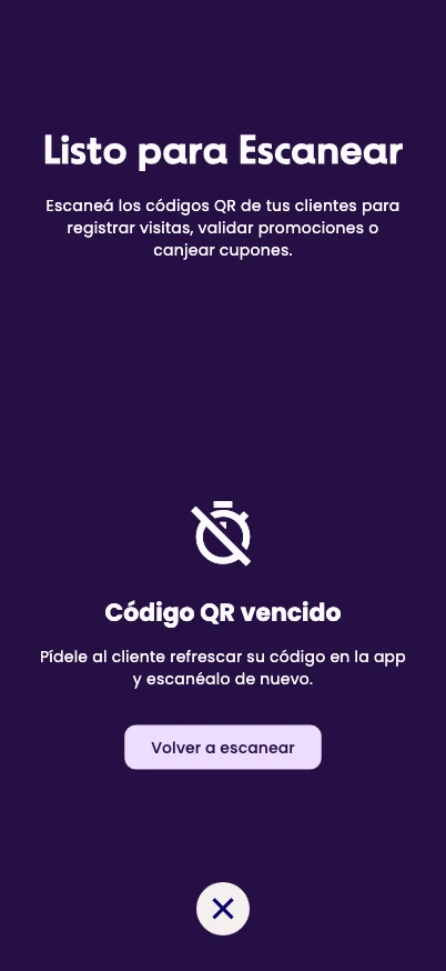 El aviso Código QR vencido con el botón Volver a escanear