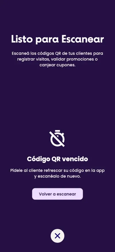 El aviso Código QR vencido con el botón Volver a escanear
