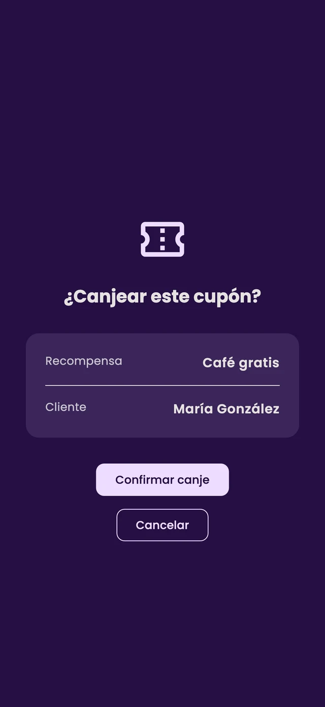 The Redeem this coupon? confirmation with the Free coffee reward and the customer's name