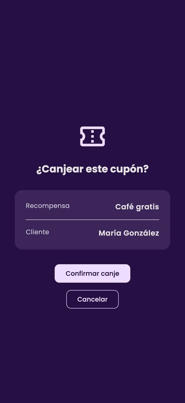 The Redeem this coupon? confirmation with the Free coffee reward and the customer's name