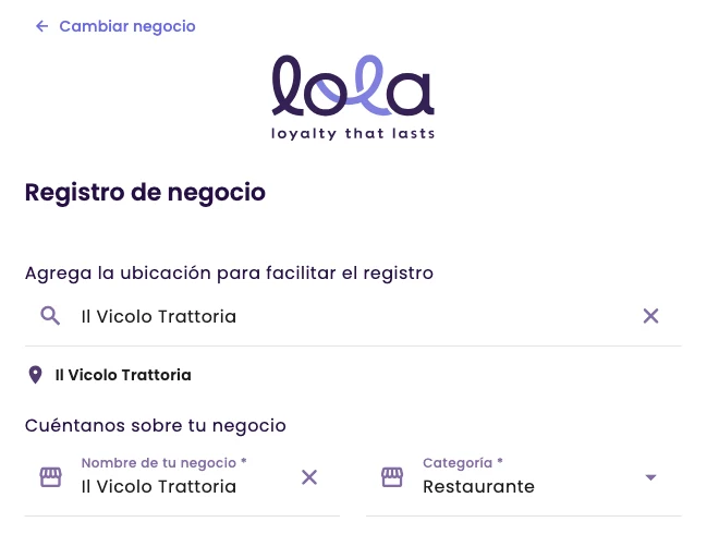 The chosen place, with the business name and category fields already filled in