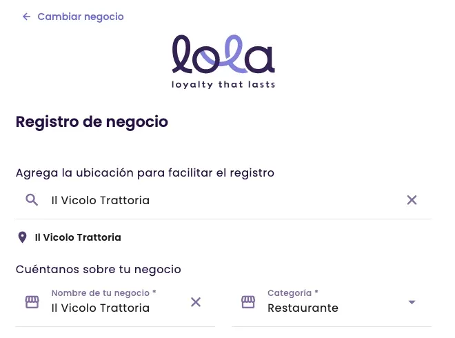 The chosen place, with the business name and category fields already filled in