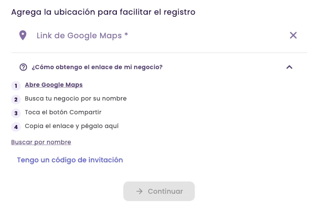 The Google Maps link field with the four steps to get the link