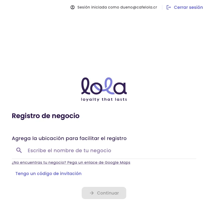 Business registration with the search field, the link to paste a Google Maps link and Sign out at the top