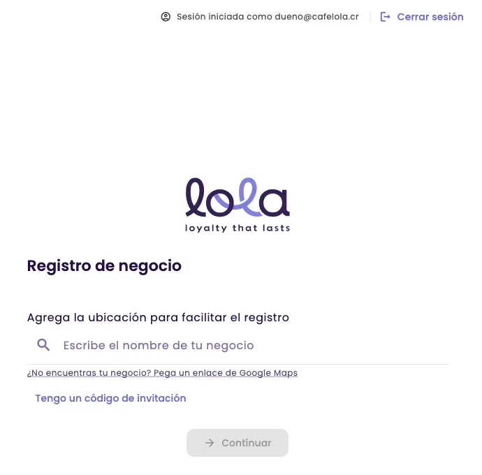 Business registration with the search field, the link to paste a Google Maps link and Sign out at the top