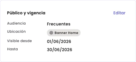 The Audience and validity card in the Review step, with the Frequent audience and the Banner Home placement