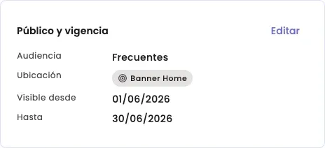 The Audience and validity card in the Review step, with the Frequent audience and the Banner Home placement