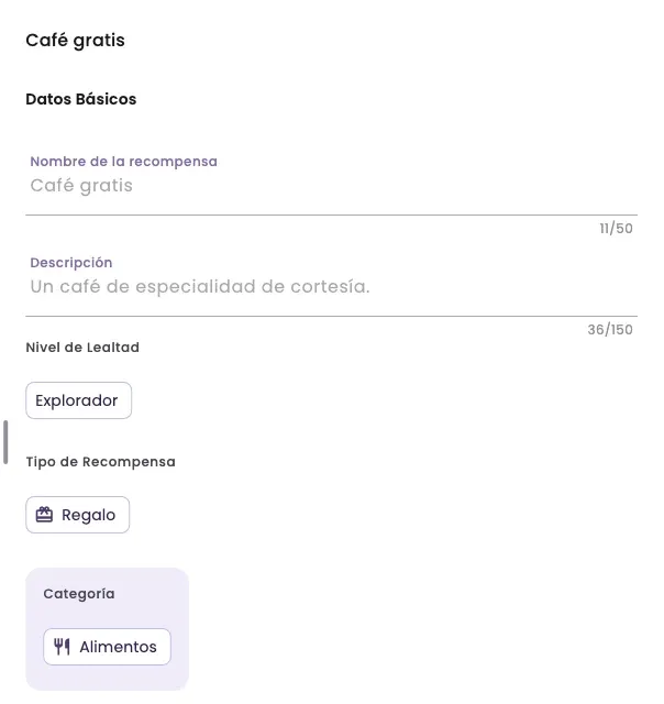 The Free coffee reward detail, with its fields locked