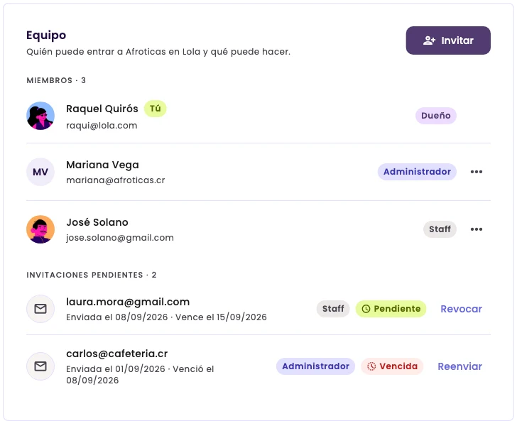 The Team section, with three members and two pending invites
